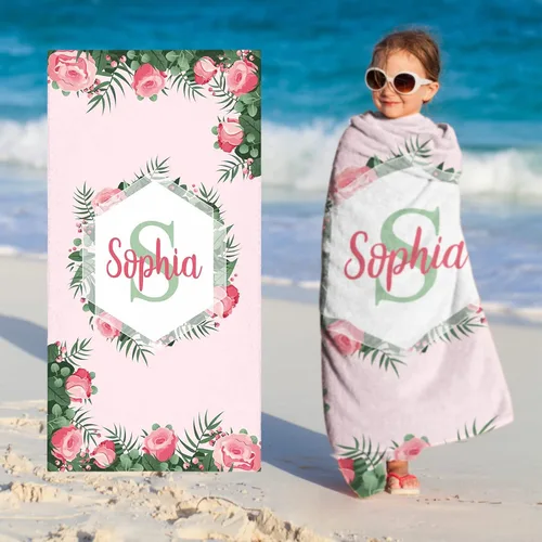 Toallas de playa personalizadas para bebé niña con nombre para niños y adultos, toalla de baño de algodón con flores de acuarela personalizadas con