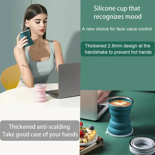 Miniatura 3 de Vaso de viaje plegable de silicona, paquete de 2 vasos de silicona plegables de 10.8 fl oz con tapa, juego de vasos expandibles, taza reutilizable