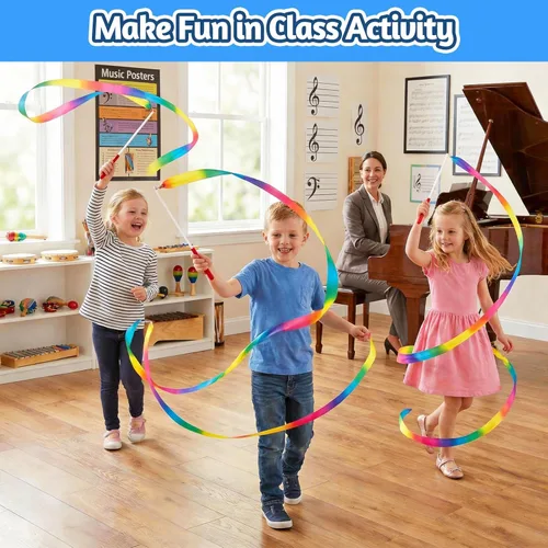Miniatura 6 de Paquete de 20 varitas de baile de cinta para niños, cinta de baile arcoíris, suministros de decoración de fiesta de princesa, barra de cinta