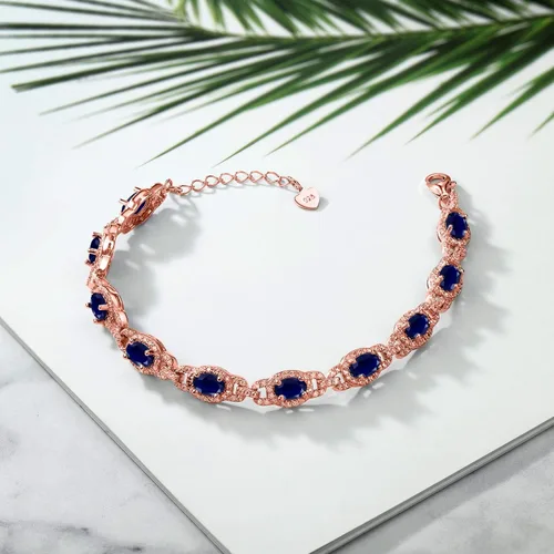 Miniatura 64 de Gem Stone King 18K Rose Gold Plated Silver Oval Gemstone Birthstone Tennis Bracelet For Women Oval 6X4MM 7 Inch With 1 Inch Extender Fine