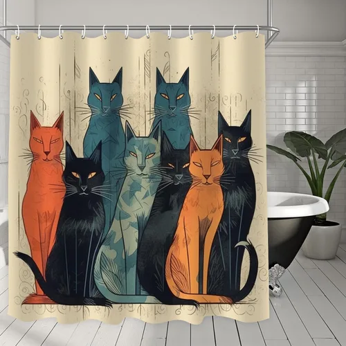 Miniatura 6 de YLATY1519 - Cortina de ducha abstracta de gatos para baño, divertido juego de cortina de ducha estilo hippie con diseño bohemio, tela moderna e
