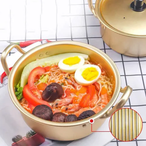 Miniatura 5 de Housoutil Olla ramen 1 juego de olla de ramen coreano con tapa, cuchara, palillos tradicionales de aluminio instantáneo Ramyun para el hogar