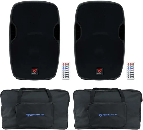 Rockville Paquete BPA15: (2) altavoces PA de DJ de 15 pulgadas y 800 W con Bluetooth, (2) bolsas de transporte acolchadas TB15 V2 para altavoces y