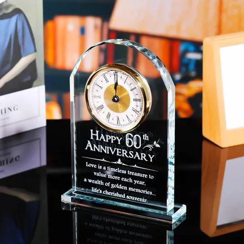 Miniatura 6 de YWHL Reloj de cuarzo feliz 60 aniversario para padres y abuelos, regalos de recuerdo de vidrio de 60 años de aniversario de boda para pareja
