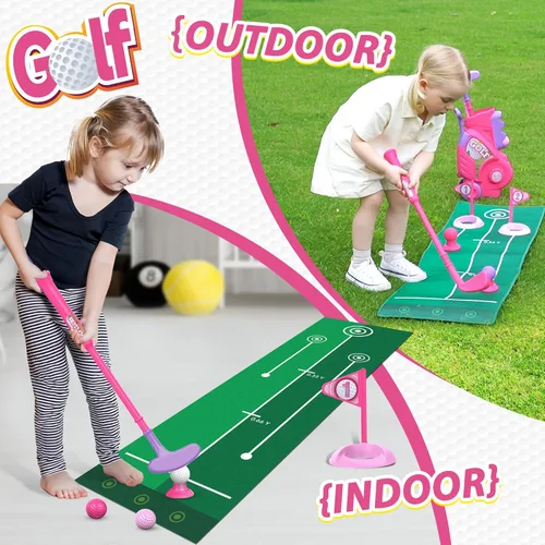 Miniatura 6 de Liberry Juego de golf para niños de 2, 3 y 4 años, carrito de golf mejorado para niños con tabla de golf y tapete de golf, juguetes de golf para Rosa