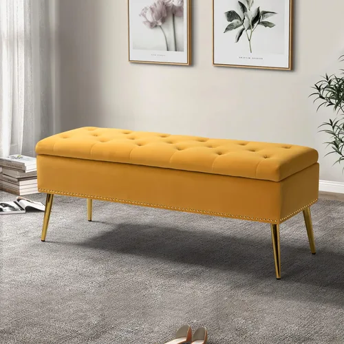 Miniatura 12 de HULALA HOME Moderno banco otomano de almacenamiento de terciopelo con base dorada y borde de cabeza de clavos, banco tapizado para dormitorio