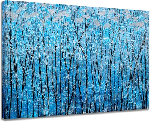 SYGALLERIER Lienzo abstracto de árbol con pinturas texturizadas pintadas a mano en negro y azul con lámina plateada, imágenes modernas del bosque