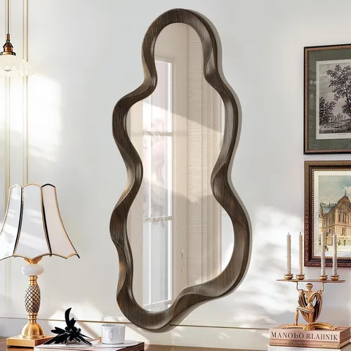 Miniatura 17 de Espejo asimétrico para decoración de pared, grande, moderno, ondulado, con marco de madera, espejo de pared con forma única montado en pared