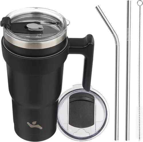 Miniatura 27 de Konokyo - Vaso de 10 onzas con asa y 2 popotes, 2 tapas, botella de agua aislada de acero inoxidable, taza de viaje reutilizable, color verde militar