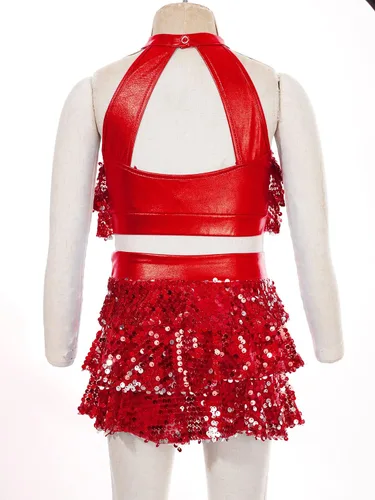Miniatura 64 de JEATHA Top corto con borlas y lentejuelas brillantes para niñas, con minifalda, jazz latino, salsa, samba, rumba, baile
