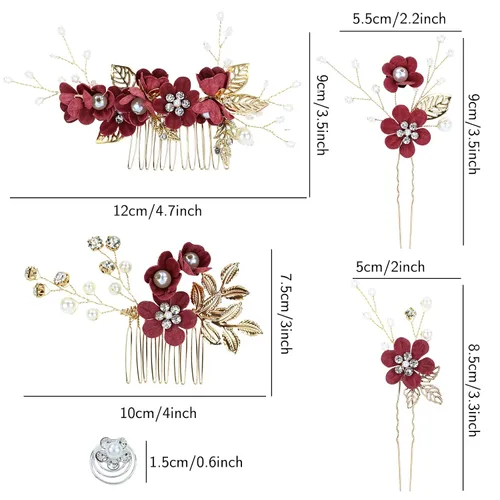 Miniatura 4 de Cinaci - 18 piezas de peines laterales para el pelo con diamantes de imitación y perlas en color burdeos para novias, para fiestas de boda, clips