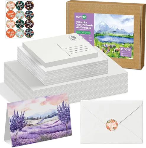 Paquete de 30 tarjetas de acuarela plegables en blanco con sobres de 4 x 6 pulgadas, 10 hojas postales de acuarela, 140 libras/10.58 oz/m², tarjetas
