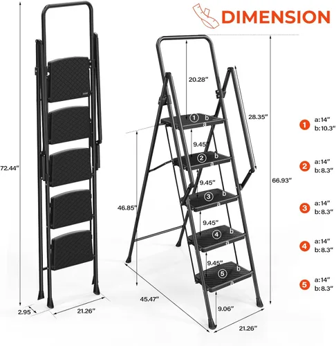 Miniatura 6 de LUISLADDERS Escalera de 5 escalones con barandillas, taburete plegable con pedal antideslizante ampliado, escalera ligera de 5 escalones plegable