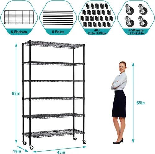 Miniatura 2 de TTY Store Estantería de alambre de 6 niveles, 2100 libras, estantes de almacenamiento de garaje ajustables NSF con niveladores de ruedas y pies