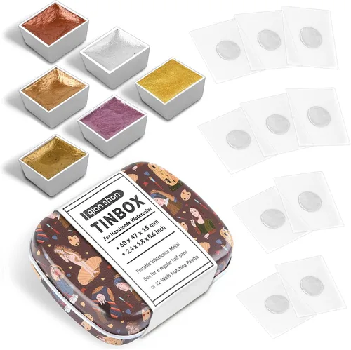 Mini Juego de Caja de Lata de Viaje de Pintura de Acuarela de Artista Portátil Hecha a Mano con 6 Medias Bandejas Sólidas con Purpurina Nacarada