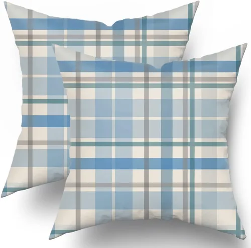 Juego de 2 fundas de almohada decorativas de color azul y verde azulado de 16 x 16 pulgadas, color azul claro, gris, búfalo a cuadros, para