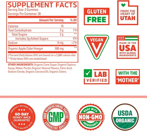 Miniatura 2 de Zhou Gomitas de vinagre de sidra de manzana, gomitas ACV para mujeres y hombres con saúco, delicioso sabor con azúcar de caña cruda, USDA Organic