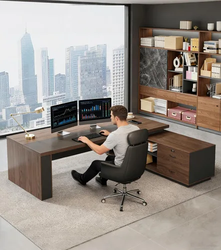 Miniatura 9 de Escritorio ejecutivo reversible en forma de L de 63 pulgadas con cajones, escritorio compacto para computadora de oficina con estantes abiertos