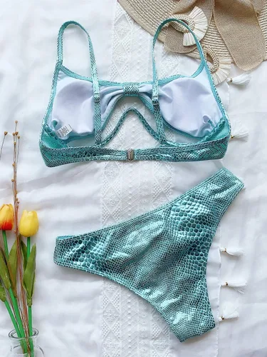 Miniatura 5 de FCYYUETY Sexy Cuello Redondo Correas Corte Alto Bandeau Bikini Piel de Serpiente Líquido Metálico Tanga Traje de baño