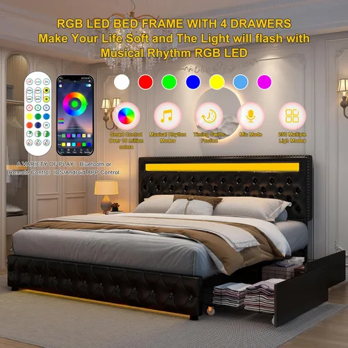 Miniatura 4 de GEGOFORU Marco de Cama LED King con 4 Cajones de Almacenamiento, con Control Inteligente de Luces LED RGBW en Cabecero y Piecero, Control