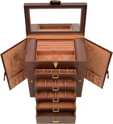 Miniatura 8 de AKOZLIN - Organizador de joyas grande de 6 niveles, con cerradura, funcional y enorme, con 5 cajones, de cuero, para mujeres y niñas, para anillos