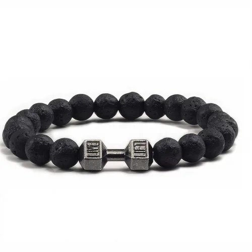 Lava Beads Gym Bracelets for Men - 8mm Lava Rock Bracelet Natural Stone, Men Stretch Bracelet Bead Bracelet for Women- Alloy Dumbbell Bracelet,