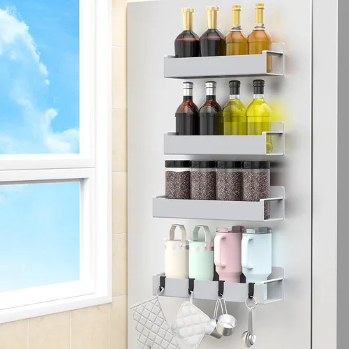 Miniatura 25 de HuggieGems Paquete de 4 organizadores magnéticos para especias para refrigerador y horno, organizadores de nevera gris claro y almacenamiento