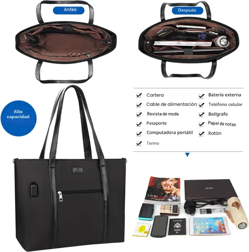 Miniatura 8 de Bolsa de mano para laptop de 15.6 pulgadas, maletín tipo bolsa de tamaño grande con puerto USB para mujer 01-Negro