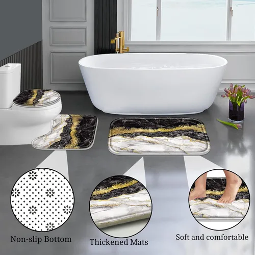 Miniatura 4 de Poedist Juego de 4 cortinas de ducha de baño con borde negro y dorado, juego de baño con cortina de ducha y alfombras