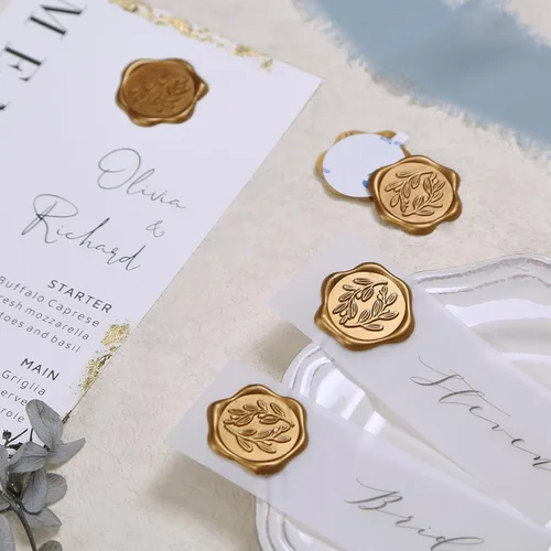 Miniatura 7 de UNIQOOO Calcomanías de sello de cera, calcomanías de sello de invitación de boda de rama de olivo, 50 calcomanías autoadhesivas de oro antiguo, Rama