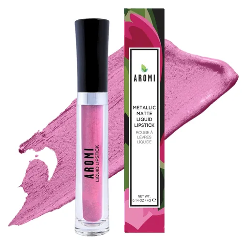 Miniatura 12 de Aromi Lápiz labial líquido mate metálico Rosa polvoriento rosado, color de labios malva rosado claro con acabado brillante, de larga duración