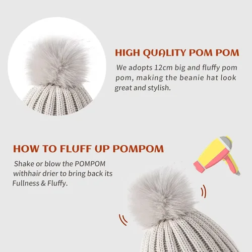 Miniatura 5 de MSDC Gorro para mujer con pompón, paquete de 3, sombreros de invierno para mujer, gorro de calavera cálido de punto a la moda, gorro para mujer