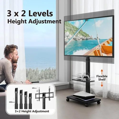 Miniatura 3 de FITUEYES Soporte de TV rodante, carrito de TV móvil con ruedas para pantalla plana de 32-65 y 70 pulgadas, soporte de TV de piso alto con soporte