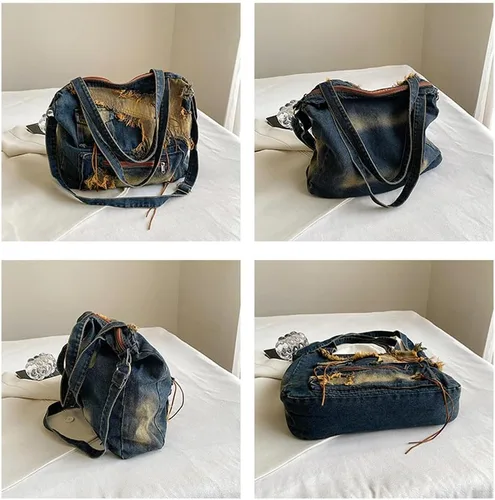 Miniatura 4 de Bolso de hombro vintage para mujer, bolsos cruzados femeninos grandes, bolso de mano de mezclilla desgastado