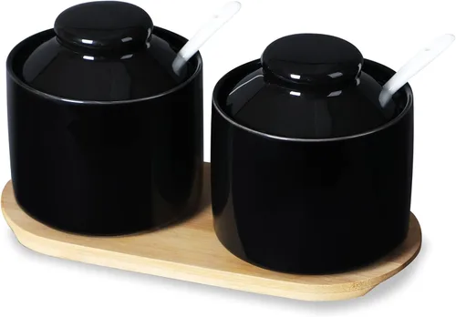 ONTUBE Azucarero de cerámica con tapa y cuchara, juego de 2, caja de condimentos de porcelana con bandeja, 8 onzas (negro)