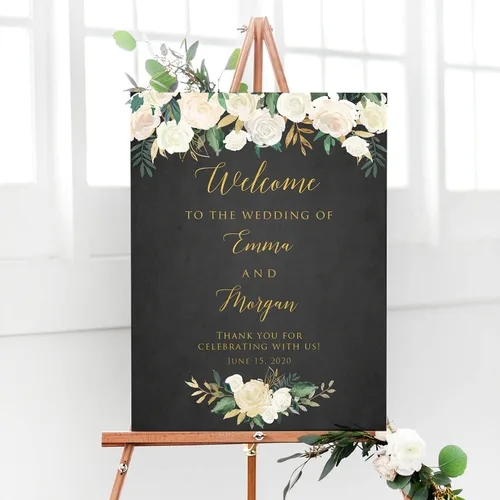 Miniatura 19 de Cartel de bienvenida de boda floral azul claro personalizado, cena de ensayo para parejas, ducha, aniversario, fiesta, póster de bienvenida, lienzo