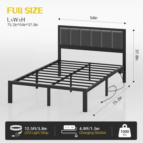 Miniatura 2 de OLEVS Marco de cama matrimonial con cabecero, plataforma de metal, tamaño completo con estación de carga USB y luces LED, no necesita somier