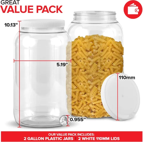 Miniatura 2 de Stock Your Home Tarros de plástico transparente de 1 galón con tapas (paquete de 2) tarro grande de boca ancha de 128 onzas con tapa, recipiente