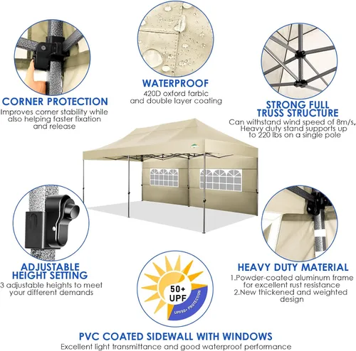 Miniatura 5 de COBIZI Toldo de 10 x 20 pies con paredes laterales, carpa de fiesta resistente para fiestas, bodas, tienda de campaña portátil plegable fácil