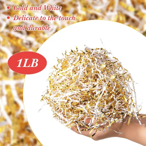 Miniatura 2 de Outus Papel de corte arrugado dorado y blanco de 1 libra, papel triturado para cesta de regalo, papel de hierba de graduación para Navidad, caja