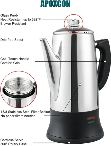 Miniatura 3 de APOXCON Cafetera eléctrica de acero inoxidable con dos pomos de progreso de cerveza transparentes resistentes al calor, aspecto clásico, mantiene