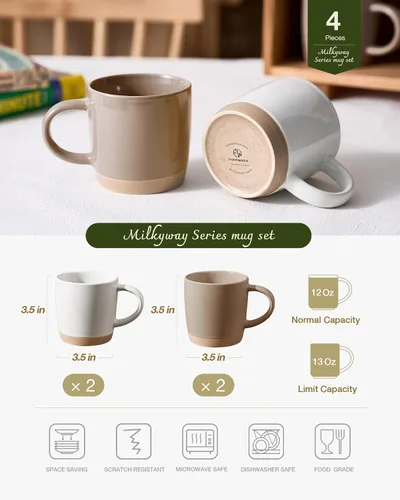 Miniatura 47 de famiware Mercury - Tazas de café de 13 onzas, juego de 4 tazas de café con asa, tazas para café con leche, té caliente, capuchino, moca, cacao, negro
