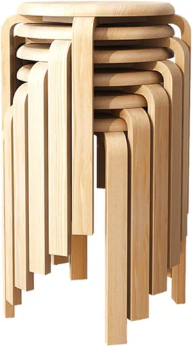 Miniatura 8 de Juego de 6 taburetes apilables de madera curvada, modernos taburetes de bar curvos con almohadillas anslizantes, redondos de madera para cocina