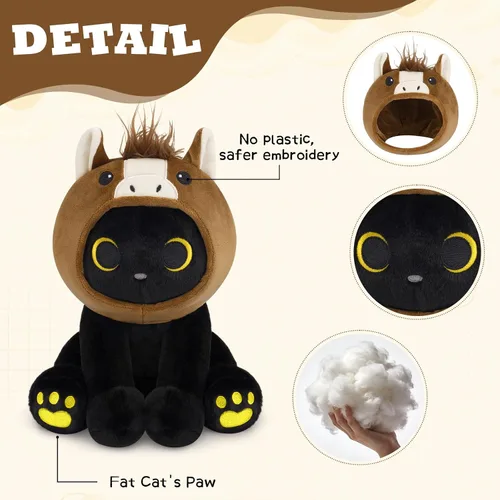 Miniatura 6 de Peluche de gato de caballo – Aniaml de peluche de gato negro de 8 pulgadas con capucha de caballo marrón extraíble, lindo animal de peluche, juguete