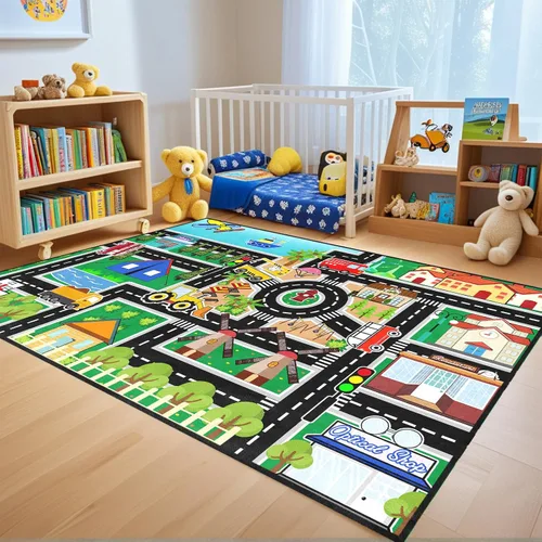 Miniatura 23 de Alfombra de carretera para habitación de niños, alfombra de juego azul para pista de carreras, alfombra de coche para dormitorio, sala