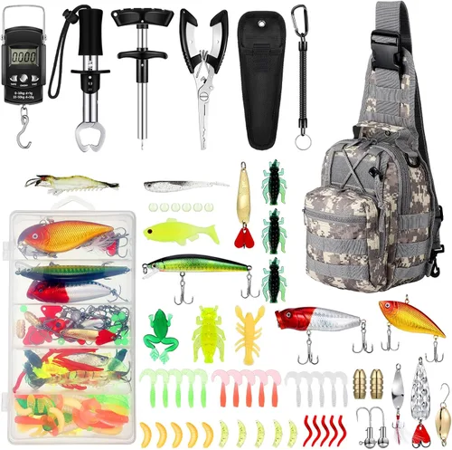 Miniatura 10 de Sosation 134 Piezas Herramienta de Pesca Herramienta de Pesca y Equipo Regalo para Adultos, Removedor de Anzuelos, Kit de Alicates, Mochila Caqui