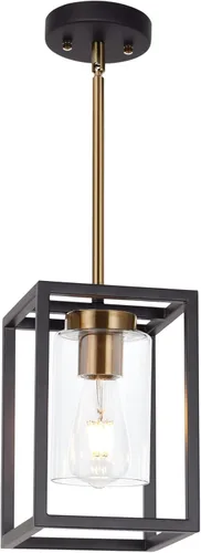Miniatura 10 de Candelabro rústico de 1 luz con acabado dorado, moderno accesorio de iluminación colgante industrial con pantalla de vidrio transparente, lámpara