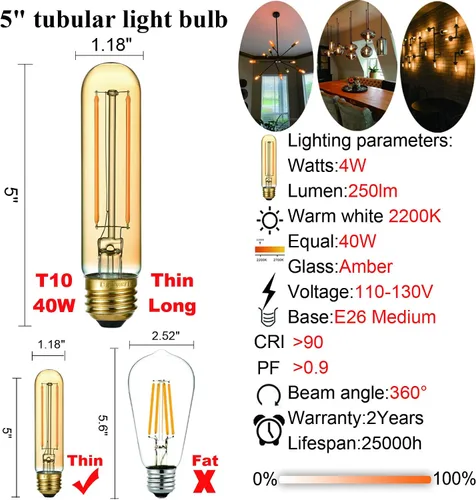 Miniatura 5 de LiteHistory Bombilla LED E26 regulable de 4 W igual a Edison de 40 W, AC120 V, bombilla tubular blanca cálida 2200 K, ámbar 250 lm, bombilla LED T10