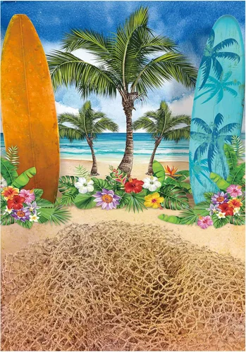 Allenjoy Fondos de fondo de verano y playa para fotografía, cielo azul, playa, tabla de surf, palmeras tropicales, para niños y niñas, cartel de