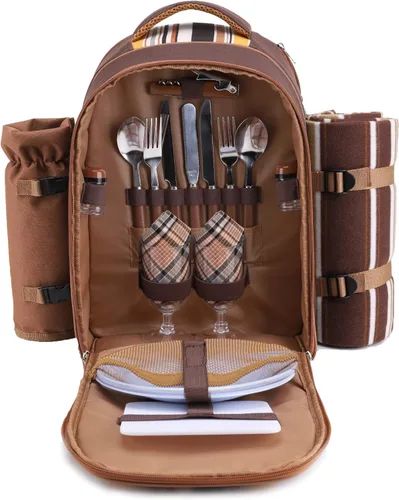 apollo walker Mochila de picnic para 2 personas con compartimento refrigerador, soporte desmontable para botellas/vino, manta de forro polar, platos